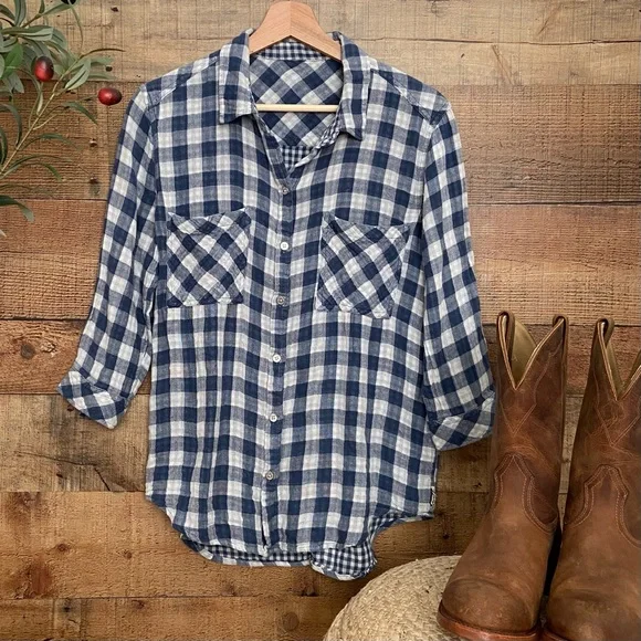 Seven7 Jeans Cotton Plaid Button Down 3/4 Length Sleeves - Picture 2 of 9